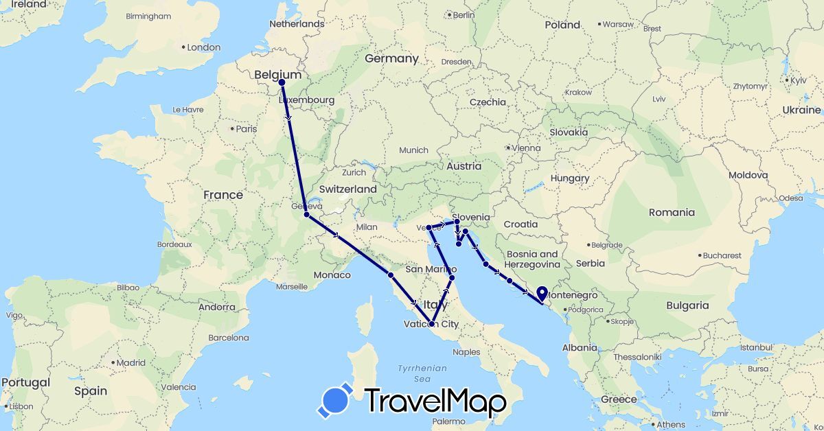 TravelMap itinerary: driving in Belgium, France, Croatia, Italy (Europe)